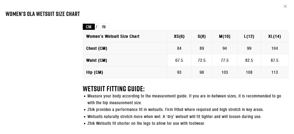 Zhik Ola Wetsuit Size Chart 23 (Image) 0 Size Chart